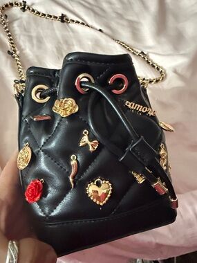 Black Quilted Drawstring Mini Bucket Bag with Gold Charms
